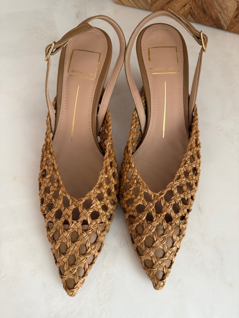 Dolce Vita Tan Woven Slingback Heels - Picture 2 of 6